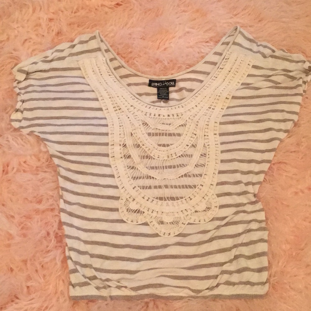 🤎🌾 Living Doll Taupe & Cream Striped Crochet Back Top 🌾🤎